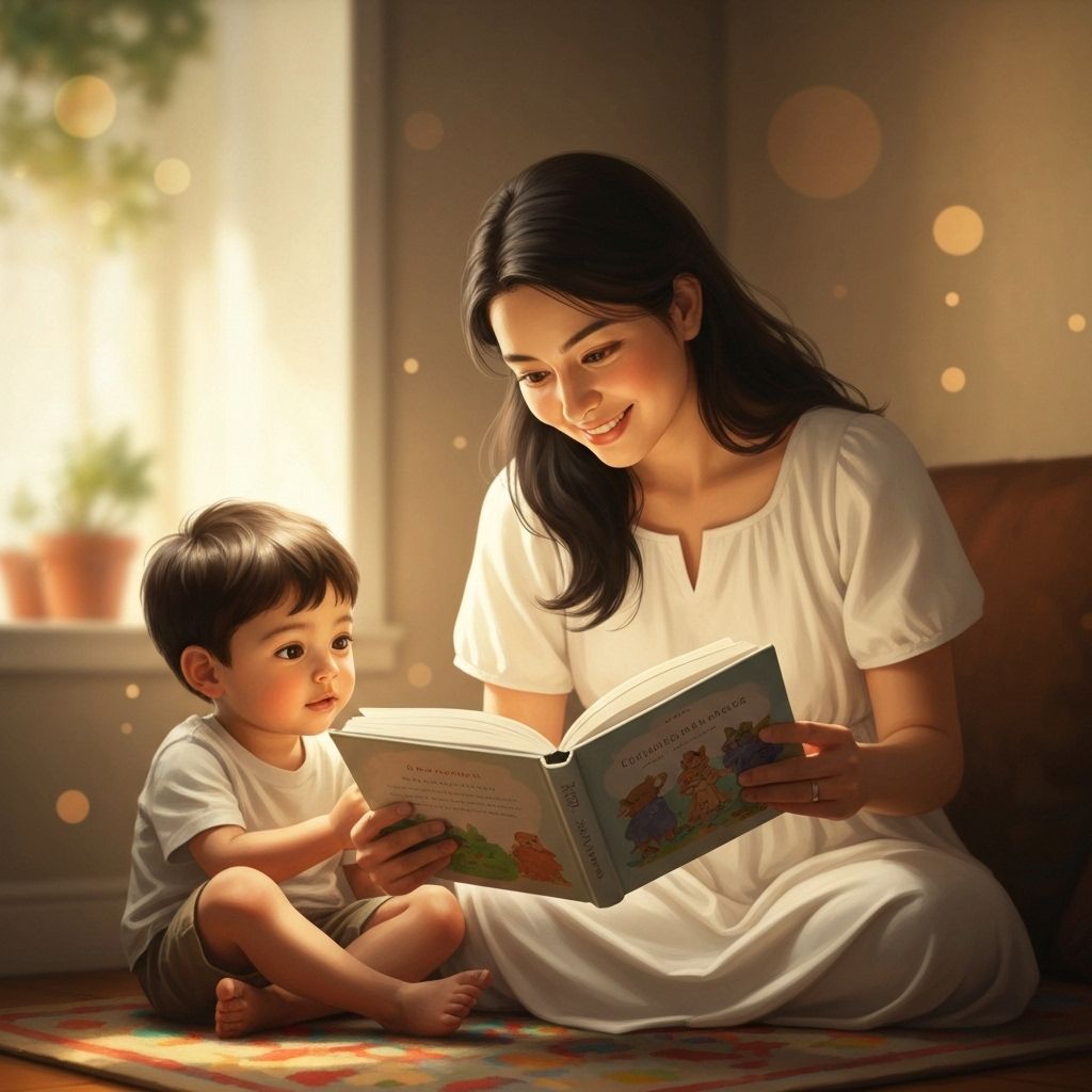Mãe e filho lendo juntos em ambiente acolhedor